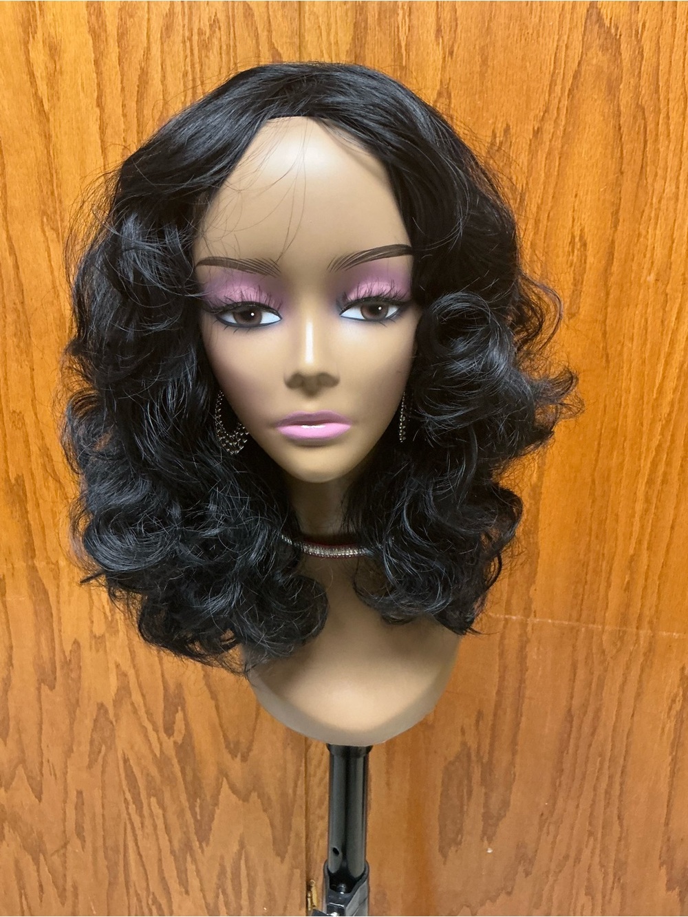 Synthetic Straight Bob Wig with Bangs - Black with Subtle Brown Highlights